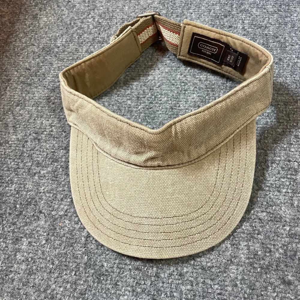 Coach Sun Visor Women One Size Tan Cotton Canvas Striped Adjustable Strap